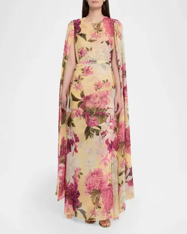 Chiara Boni La Petite Robe Senka Belted Cape-Sleeve Floral Gown | Thumbnail 2 Chiara Boni La Petite Robe Senka Belted Cape-Sleeve Floral Gown | Thumbnail 2