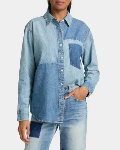 Veronica Beard Dalma Denim Color Block Shirt | Thumbnail 4 Veronica Beard Dalma Denim Color Block Shirt | Thumbnail 4