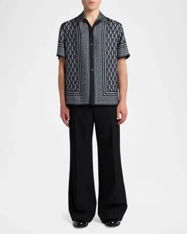 Versace Men's Silk Monogram Greca-Trim Bowling Shirt | Thumbnail 2 Versace Men's Silk Monogram Greca-Trim Bowling Shirt | Thumbnail 2