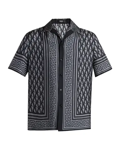 Versace Men's Silk Monogram Greca-Trim Bowling Shirt | Thumbnail 1 Versace Men's Silk Monogram Greca-Trim Bowling Shirt | Thumbnail 1