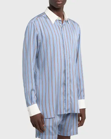 Tom Ford Men's Stripe Silk Contrast-Trim Sport Shirt | Thumbnail 4 Tom Ford Men's Stripe Silk Contrast-Trim Sport Shirt | Thumbnail 4