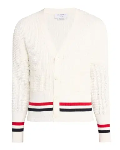 Thom Browne Men 's Stitch Cotton RWB Half Cardigan | Thumbnail 1 Thom Browne Men 's Stitch Cotton RWB Half Cardigan | Thumbnail 1