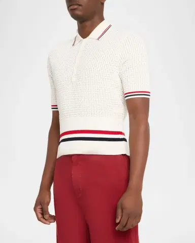 Thom Browne Men's Float Ripple Stitch RWB Stripe Polo Shirt | Thumbnail 4 Thom Browne Men's Float Ripple Stitch RWB Stripe Polo Shirt | Thumbnail 4