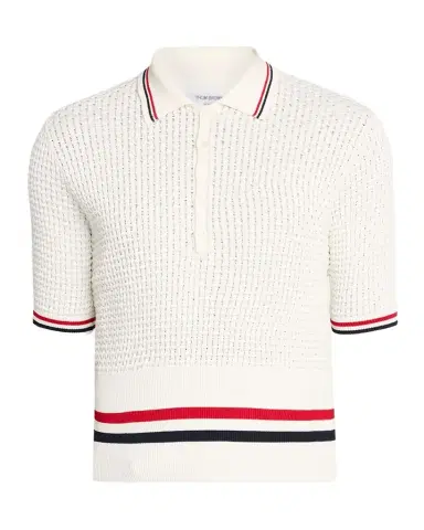 Thom Browne Men's Float Ripple Stitch RWB Stripe Polo Shirt | Thumbnail 1 Thom Browne Men's Float Ripple Stitch RWB Stripe Polo Shirt | Thumbnail 1