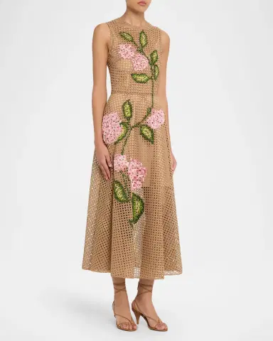 Oscar de la Renta Cross-Stitched Rattan Guipure Sleeveless Midi Dress | Thumbnail 3 Oscar de la Renta Cross-Stitched Rattan Guipure Sleeveless Midi Dress | Thumbnail 3