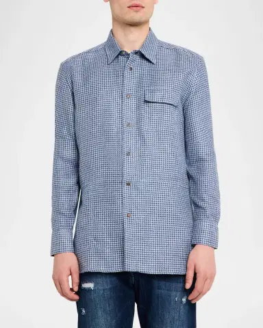 Kiton Men's Houndstooth Linen Blend Overshirt | Thumbnail 4 Kiton Men's Houndstooth Linen Blend Overshirt | Thumbnail 4