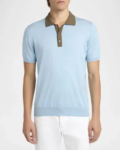 Kiton Men's Cotton Knit Contrast-Trim Polo Shirt | Thumbnail 6 Kiton Men's Cotton Knit Contrast-Trim Polo Shirt | Thumbnail 6