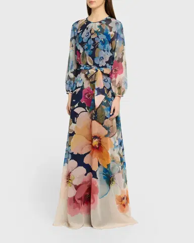 Rickie Freeman for Teri Jon Floral-Print Chiffon Gown | Thumbnail 4 Rickie Freeman for Teri Jon Floral-Print Chiffon Gown | Thumbnail 4