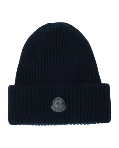 Moncler Men's Cashmere Rib Leather-Logo Beanie Hat | Thumbnail 1 Moncler Men's Cashmere Rib Leather-Logo Beanie Hat | Thumbnail 1