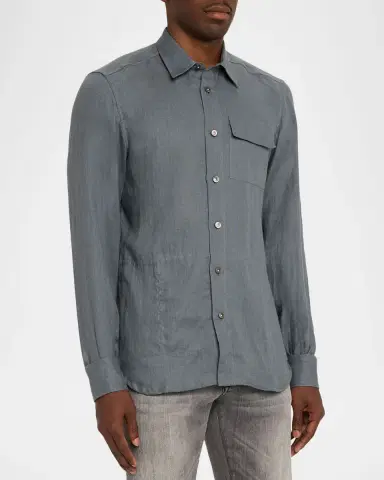 Kiton Men's Linen Flap-Pocket Casual Button-Down Shirt | Thumbnail 4 Kiton Men's Linen Flap-Pocket Casual Button-Down Shirt | Thumbnail 4