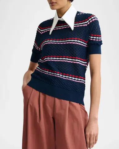 Essentiel Antwerp Jantasy Striped Honeycomb Knit Embellished Collar Polo | Thumbnail 4 Essentiel Antwerp Jantasy Striped Honeycomb Knit Embellished Collar Polo | Thumbnail 4