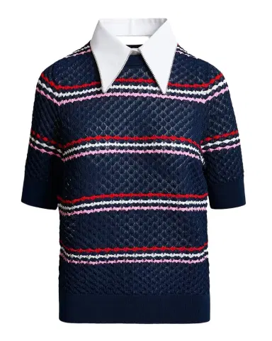Essentiel Antwerp Jantasy Striped Honeycomb Knit Embellished Collar Polo | Thumbnail 1 Essentiel Antwerp Jantasy Striped Honeycomb Knit Embellished Collar Polo | Thumbnail 1