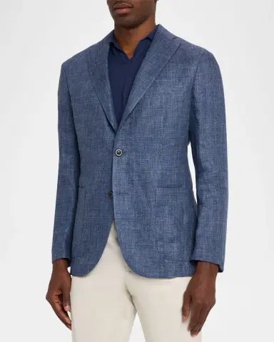 Boglioli Men's Plaid Linen Denim Single-Breasted Blazer | Thumbnail 4 Boglioli Men's Plaid Linen Denim Single-Breasted Blazer | Thumbnail 4
