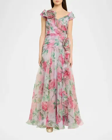 Rickie Freeman for Teri Jon Pleated Off-Shoulder Floral-Print Organza Gown | Thumbnail 2 Rickie Freeman for Teri Jon Pleated Off-Shoulder Floral-Print Organza Gown | Thumbnail 2