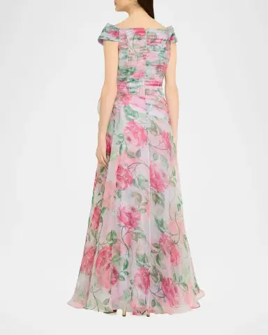 Rickie Freeman for Teri Jon Pleated Off-Shoulder Floral-Print Organza Gown | Thumbnail 3 Rickie Freeman for Teri Jon Pleated Off-Shoulder Floral-Print Organza Gown | Thumbnail 3