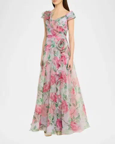 Rickie Freeman for Teri Jon Pleated Off-Shoulder Floral-Print Organza Gown | Thumbnail 4 Rickie Freeman for Teri Jon Pleated Off-Shoulder Floral-Print Organza Gown | Thumbnail 4