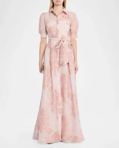 Rickie Freeman for Teri Jon Jacquard Short-Sleeve Collared Gown | Thumbnail 2 Rickie Freeman for Teri Jon Jacquard Short-Sleeve Collared Gown | Thumbnail 2