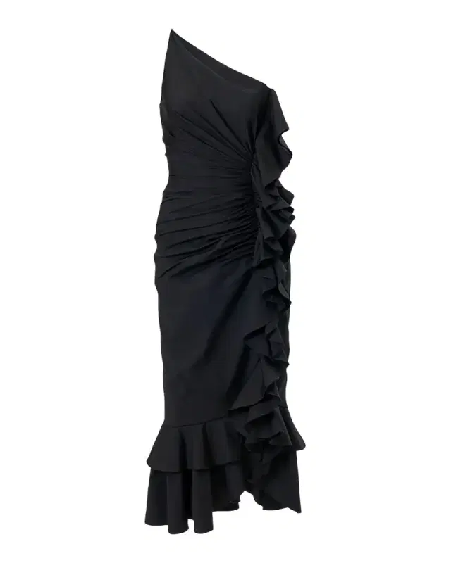 One-Shoulder Ruched Ruffle Midi Dress One-Shoulder Ruched Ruffle Midi Dress