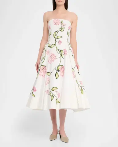 Oscar de la Renta Strapless Porcelain Flowers Cotton Poplin Midi Dress | Thumbnail 2 Oscar de la Renta Strapless Porcelain Flowers Cotton Poplin Midi Dress | Thumbnail 2