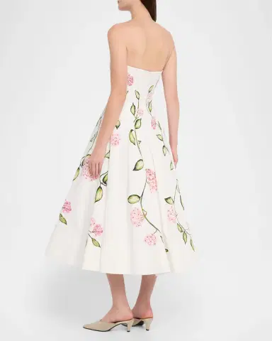 Oscar de la Renta Strapless Porcelain Flowers Cotton Poplin Midi Dress | Thumbnail 3 Oscar de la Renta Strapless Porcelain Flowers Cotton Poplin Midi Dress | Thumbnail 3
