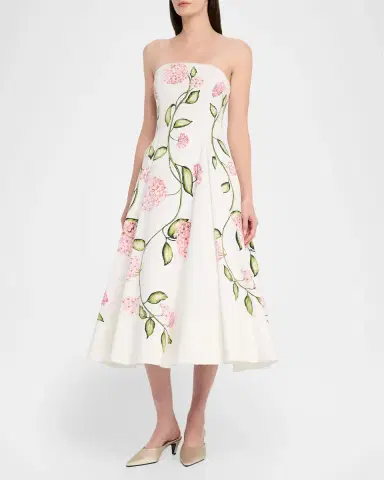 Oscar de la Renta Strapless Porcelain Flowers Cotton Poplin Midi Dress | Thumbnail 4 Oscar de la Renta Strapless Porcelain Flowers Cotton Poplin Midi Dress | Thumbnail 4
