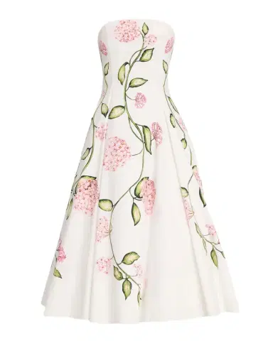 Oscar de la Renta Strapless Porcelain Flowers Cotton Poplin Midi Dress | Thumbnail 1 Oscar de la Renta Strapless Porcelain Flowers Cotton Poplin Midi Dress | Thumbnail 1