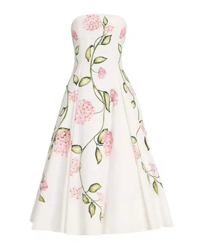 Strapless Porcelain Flowers Cotton Poplin Midi Dress Strapless Porcelain Flowers Cotton Poplin Midi Dress