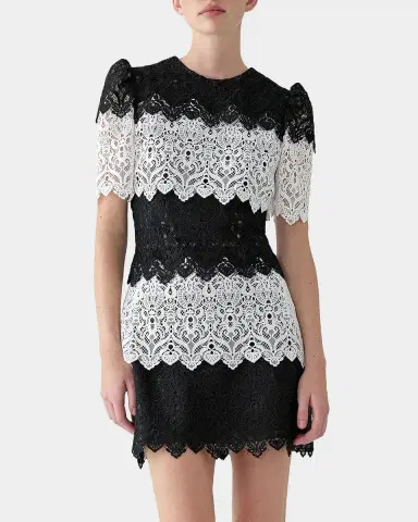 Carolina Herrera Tiered Colorblock Lace Short-Sleeve Mini Dress | Thumbnail 2 Carolina Herrera Tiered Colorblock Lace Short-Sleeve Mini Dress | Thumbnail 2
