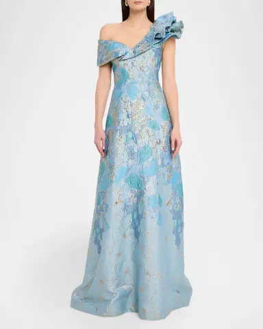 Rickie Freeman for Teri Jon One-Shoulder Metallic Jacquard Gown | Thumbnail 2 Rickie Freeman for Teri Jon One-Shoulder Metallic Jacquard Gown | Thumbnail 2