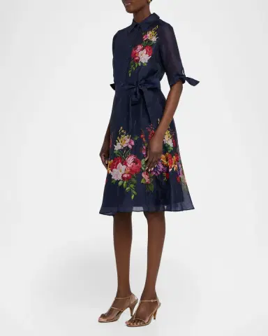 Rickie Freeman for Teri Jon Silken Linen Floral-Print Shirtdress | Thumbnail 4 Rickie Freeman for Teri Jon Silken Linen Floral-Print Shirtdress | Thumbnail 4