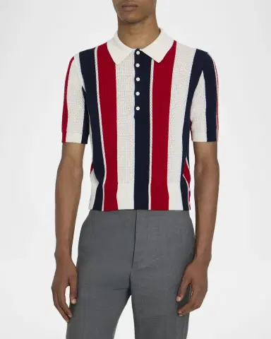Thom Browne Men's Cashmere Shadow Stripe Knit Polo Shirt | Thumbnail 4 Thom Browne Men's Cashmere Shadow Stripe Knit Polo Shirt | Thumbnail 4