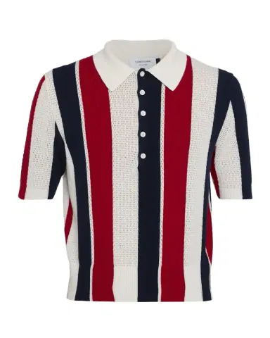 Thom Browne Men's Cashmere Shadow Stripe Knit Polo Shirt | Thumbnail 1 Thom Browne Men's Cashmere Shadow Stripe Knit Polo Shirt | Thumbnail 1