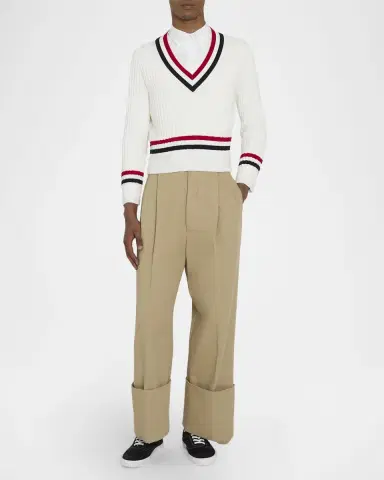 Thom Browne Men 's Cotton Cable Knit Stripe-Trim V-Neck Sweater | Thumbnail 2 Thom Browne Men 's Cotton Cable Knit Stripe-Trim V-Neck Sweater | Thumbnail 2