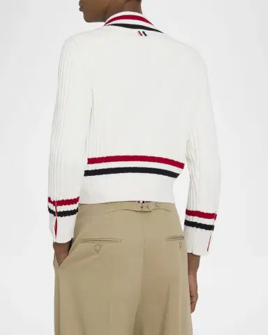 Thom Browne Men 's Cotton Cable Knit Stripe-Trim V-Neck Sweater | Thumbnail 3 Thom Browne Men 's Cotton Cable Knit Stripe-Trim V-Neck Sweater | Thumbnail 3
