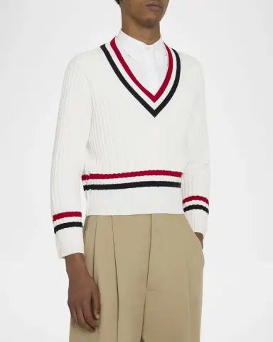 Thom Browne Men 's Cotton Cable Knit Stripe-Trim V-Neck Sweater | Thumbnail 4 Thom Browne Men 's Cotton Cable Knit Stripe-Trim V-Neck Sweater | Thumbnail 4