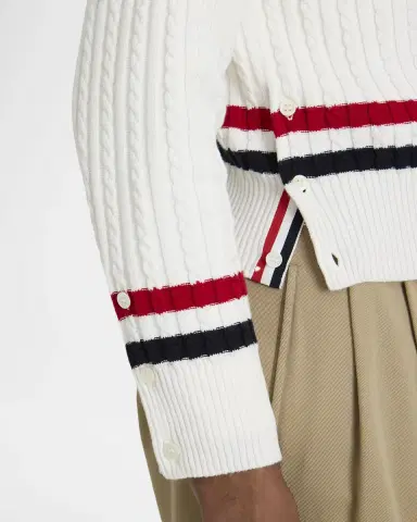 Thom Browne Men 's Cotton Cable Knit Stripe-Trim V-Neck Sweater | Thumbnail 5 Thom Browne Men 's Cotton Cable Knit Stripe-Trim V-Neck Sweater | Thumbnail 5