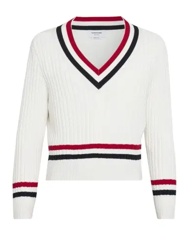 Thom Browne Men 's Cotton Cable Knit Stripe-Trim V-Neck Sweater | Thumbnail 1 Thom Browne Men 's Cotton Cable Knit Stripe-Trim V-Neck Sweater | Thumbnail 1
