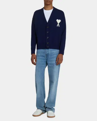 AMI PARIS Men's Intarsia Ami De Coeur Wool and Cotton Knit Cardigan | Thumbnail 2 AMI PARIS Men's Intarsia Ami De Coeur Wool and Cotton Knit Cardigan | Thumbnail 2