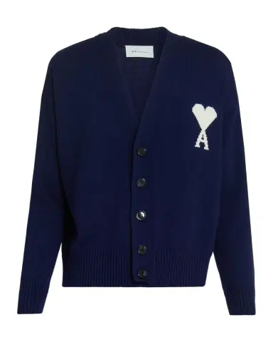 AMI PARIS Men's Intarsia Ami De Coeur Wool and Cotton Knit Cardigan | Thumbnail 1 AMI PARIS Men's Intarsia Ami De Coeur Wool and Cotton Knit Cardigan | Thumbnail 1