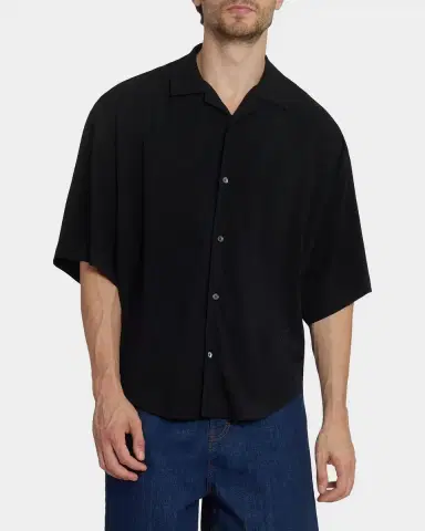 Ami Paris Men 's Embroidered Boxy-Fit Viscose Short-Sleeve Shirt | Thumbnail 4 Ami Paris Men 's Embroidered Boxy-Fit Viscose Short-Sleeve Shirt | Thumbnail 4