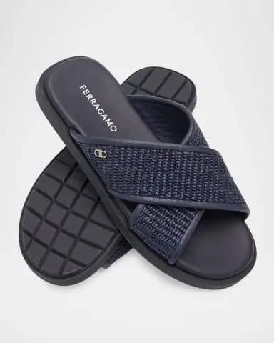 Ferragamo Men 's Leather and Raffia Gancini Ornament Crisscross Sandals | Thumbnail 3 Ferragamo Men 's Leather and Raffia Gancini Ornament Crisscross Sandals | Thumbnail 3