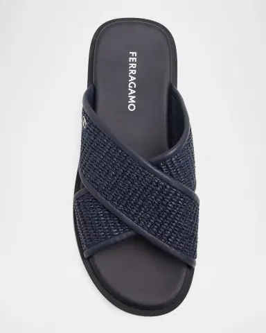 Ferragamo Men 's Leather and Raffia Gancini Ornament Crisscross Sandals | Thumbnail 4 Ferragamo Men 's Leather and Raffia Gancini Ornament Crisscross Sandals | Thumbnail 4