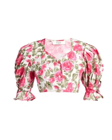 Chloé Floral Cotton Puff-Sleeve Button-Front Crop Top | Thumbnail 1 Chloé Floral Cotton Puff-Sleeve Button-Front Crop Top | Thumbnail 1