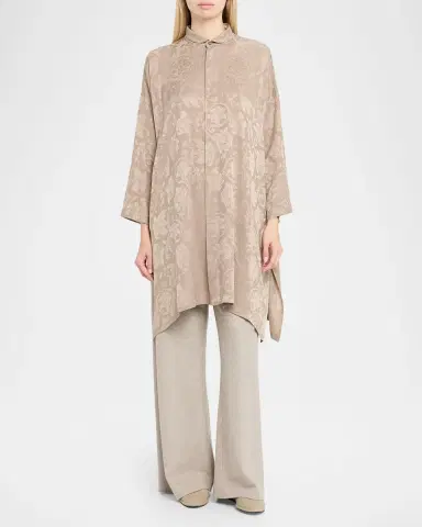 Eskandar Wide A-Line Double Stand Collar Shirt - Very Long Length With Slits | Thumbnail 2 Eskandar Wide A-Line Double Stand Collar Shirt - Very Long Length With Slits | Thumbnail 2