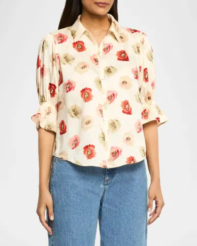 Cinq à Sept Floating Poppies Puff-Sleeve Silk Shirt | Thumbnail 3 Cinq à Sept Floating Poppies Puff-Sleeve Silk Shirt | Thumbnail 3