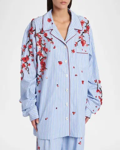 Dolce & Gabbana Cherry Blossom Embroidered Striped Pajama Shirt | Thumbnail 4 Dolce & Gabbana Cherry Blossom Embroidered Striped Pajama Shirt | Thumbnail 4