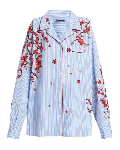 Dolce & Gabbana Cherry Blossom Embroidered Striped Pajama Shirt | Thumbnail 1 Dolce & Gabbana Cherry Blossom Embroidered Striped Pajama Shirt | Thumbnail 1