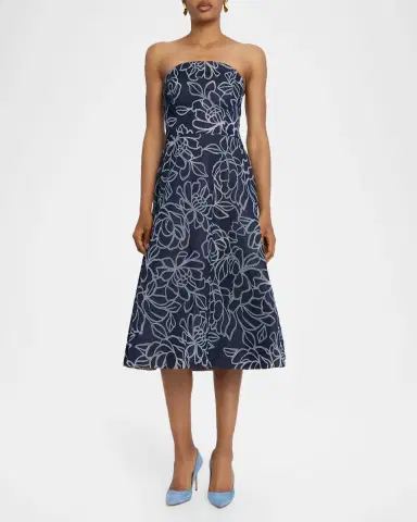 Rickie Freeman for Teri Jon Strapless Floral Burnout Denim Midi Dress | Thumbnail 2 Rickie Freeman for Teri Jon Strapless Floral Burnout Denim Midi Dress | Thumbnail 2