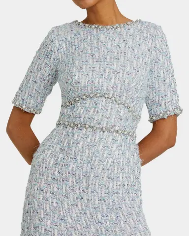 Mac Duggal Short-Sleeved Beaded Tweed Midi Dress | Thumbnail 2 Mac Duggal Short-Sleeved Beaded Tweed Midi Dress | Thumbnail 2