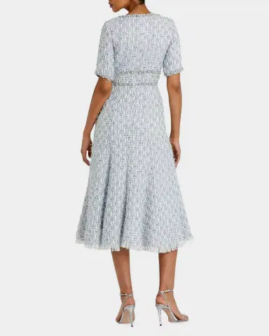 Mac Duggal Short-Sleeved Beaded Tweed Midi Dress | Thumbnail 3 Mac Duggal Short-Sleeved Beaded Tweed Midi Dress | Thumbnail 3